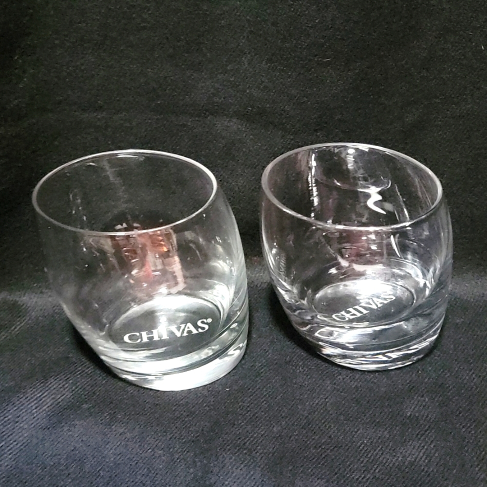 Set Of Two Chivas Regal Whiskey Slanted Lowball Glasses